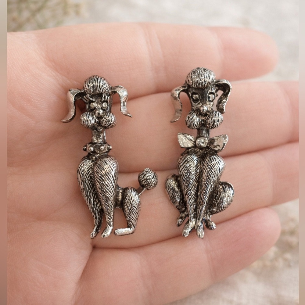 Vintage 1950s Poodle Brooch Set Silver Tone Dog Pins Retro Figural Mid Century